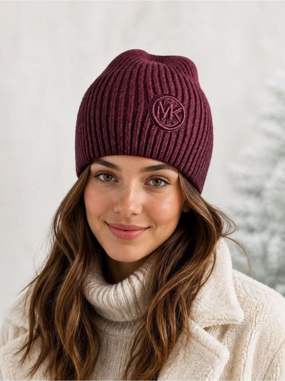 Michael Kors Burgundy Ribbed Knit Slouchy Beanie Tonal MK Logo NWOT